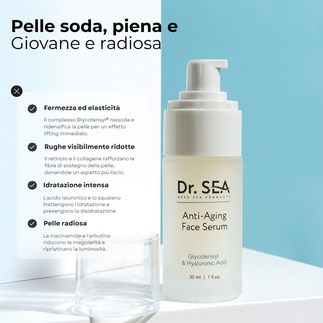 Flacone di siero con pompa. Testo: Dr. SEA, Anti-Aging Face Serum, Glycotensyl & Hyaluronic Acid. Vantaggi: Fermezza, rughe ridotte, idratazione.