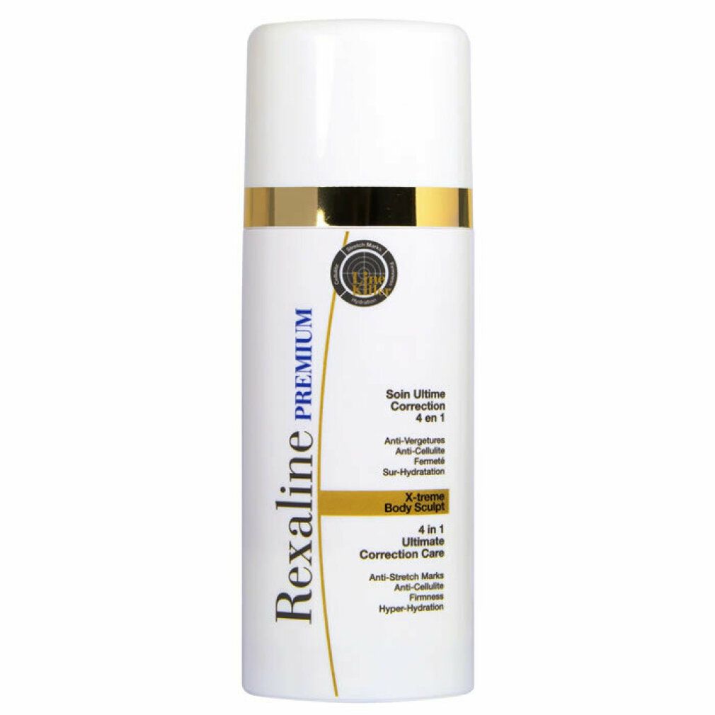 Flacone bianco con anello e tappo dorati. Testo: Rexaline Premium, 4 in 1 Ultimate Correction Care, Anti-smagliature, Anti-cellulite.