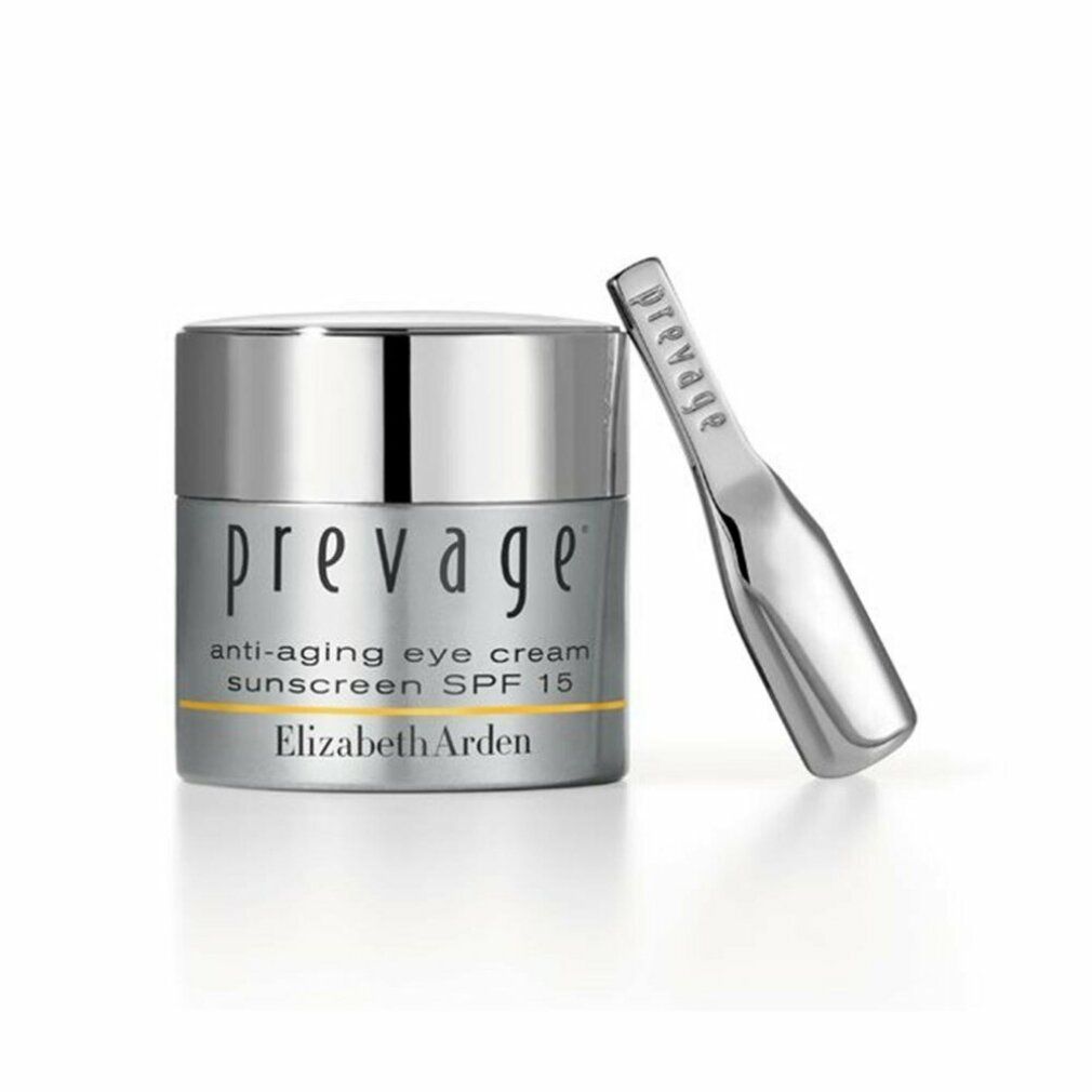 Vasetto argentato con coperchio. Scritta: prevage, anti-aging eye cream sunscreen SPF 15, Elizabeth Arden.