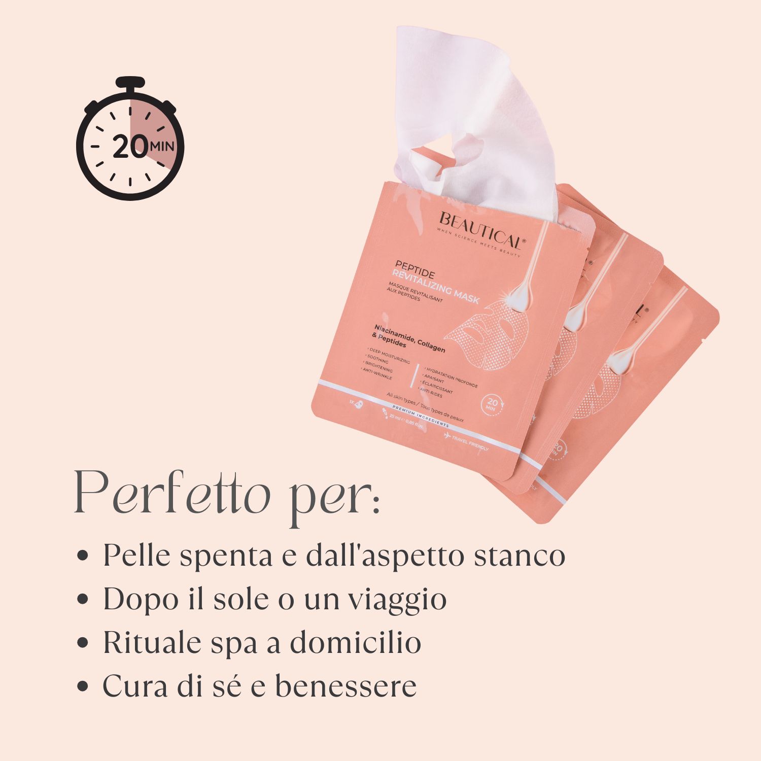 Beautical Maschera Rivitalizzante ai Peptidi. Testo. Sfondo rosa.