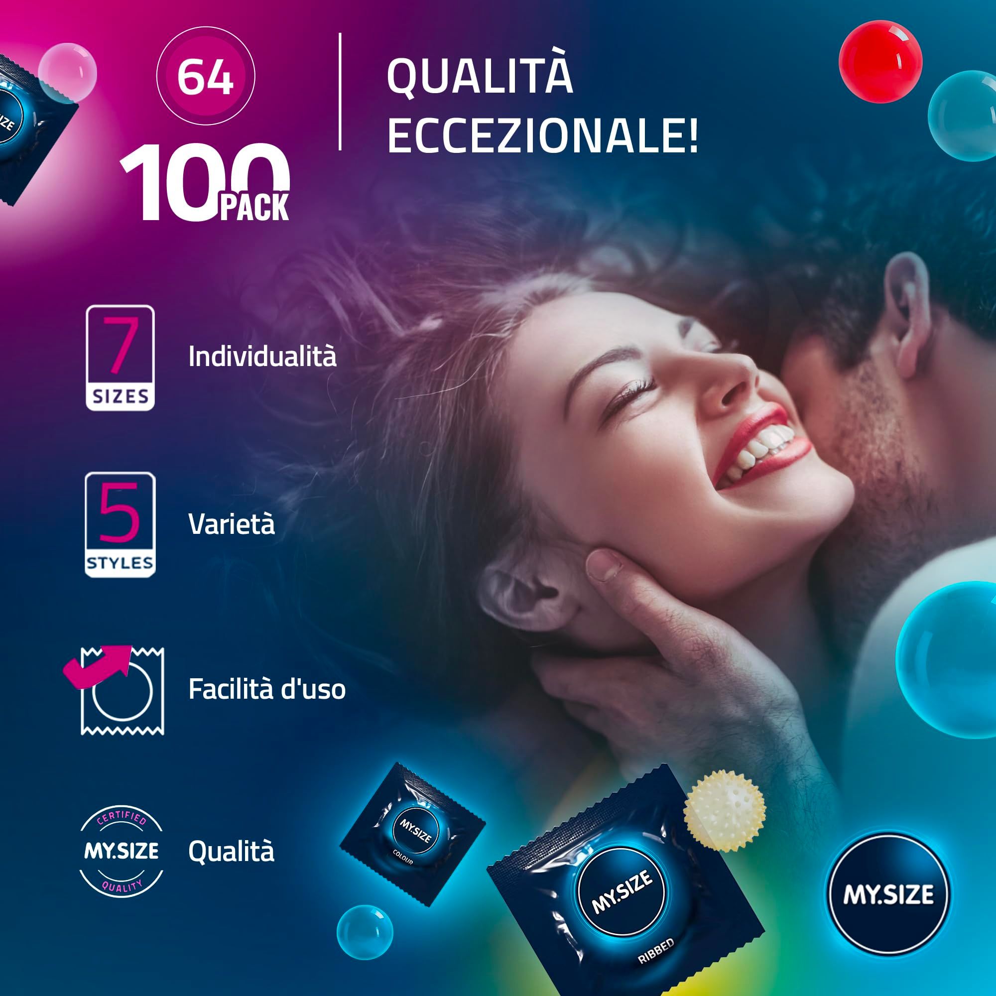Confezione da 64 preservativi, 100 pezzi. 7 misure, 5 stili, facilità d'uso.