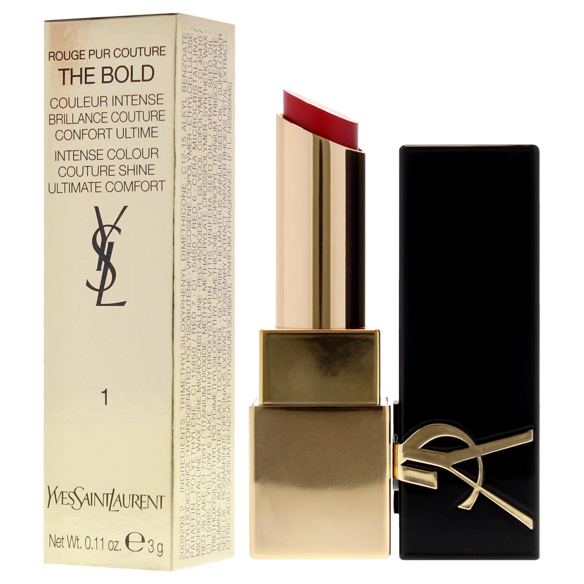 Rossetto rosso con astuccio dorato e coperchio nero. Confezione dorata con testo e logo.