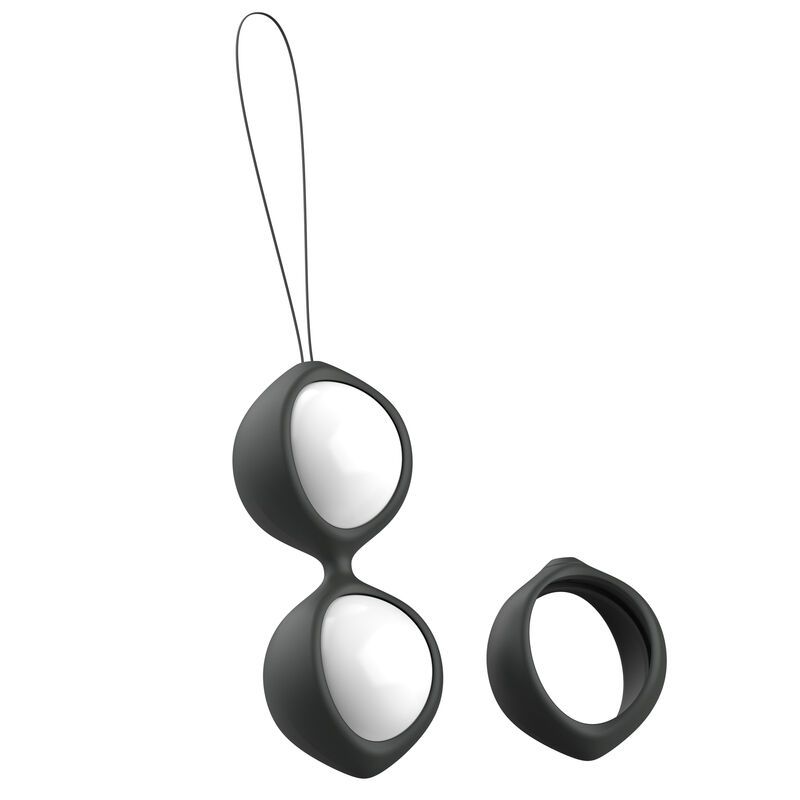 Sfere nere per il pavimento pelvico con nucleo bianco, collegate da un laccio, con anello separato.