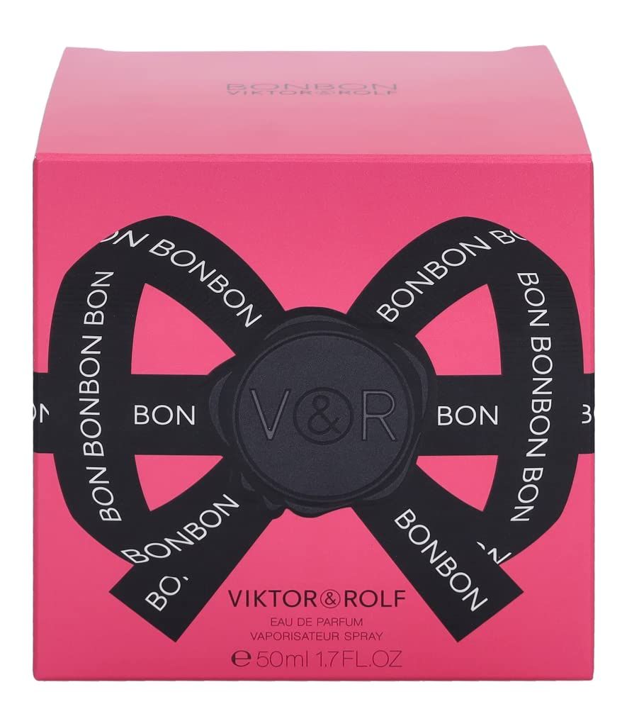 Scatola rosa con fiocco nero e scritta BONBON. Logo V&R. Scritta VIKTOR & ROLF. EAU DE PARFUM. 50ml.