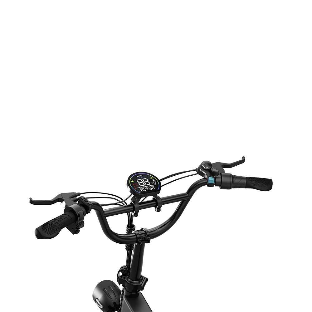 Manubrio di una bicicletta elettrica nera con display, leve freno e manopole. Primo piano.