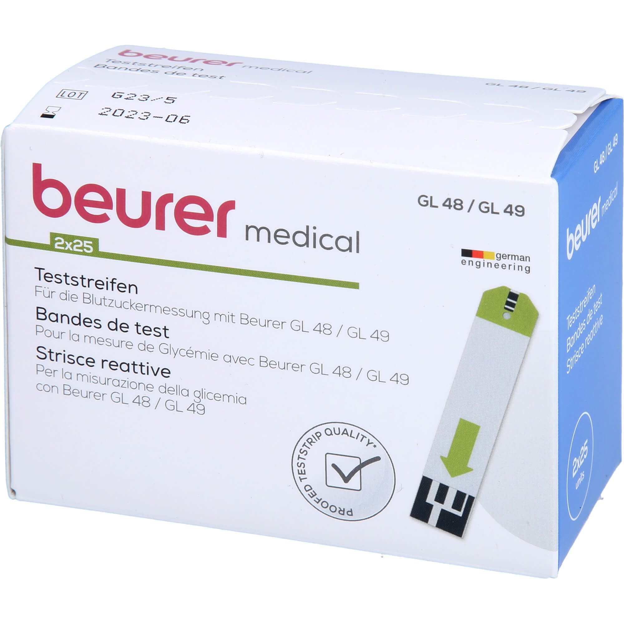 Strisce reattive Beurer per GL 48/49, 2x25 pezzi. La confezione mostra una striscia reattiva.