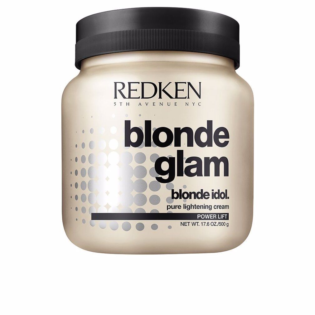 Barattolo beige con coperchio nero. Scritta: REDKEN, blonde glam, blonde idol, pure lightening cream, Power Lift. Peso: 17.6 OZ/500g.