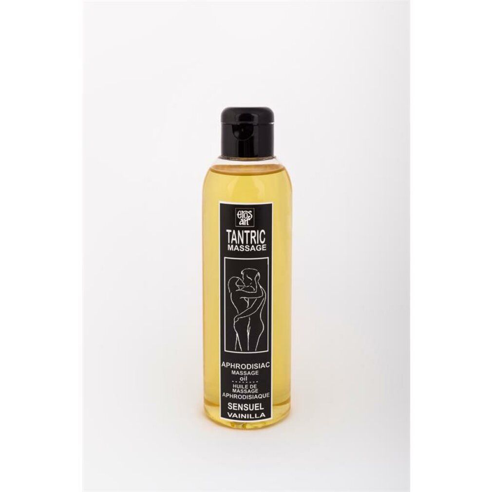 Flacone di olio da massaggio tantrico, liquido giallo, tappo nero, etichetta con coppia stilizzata.