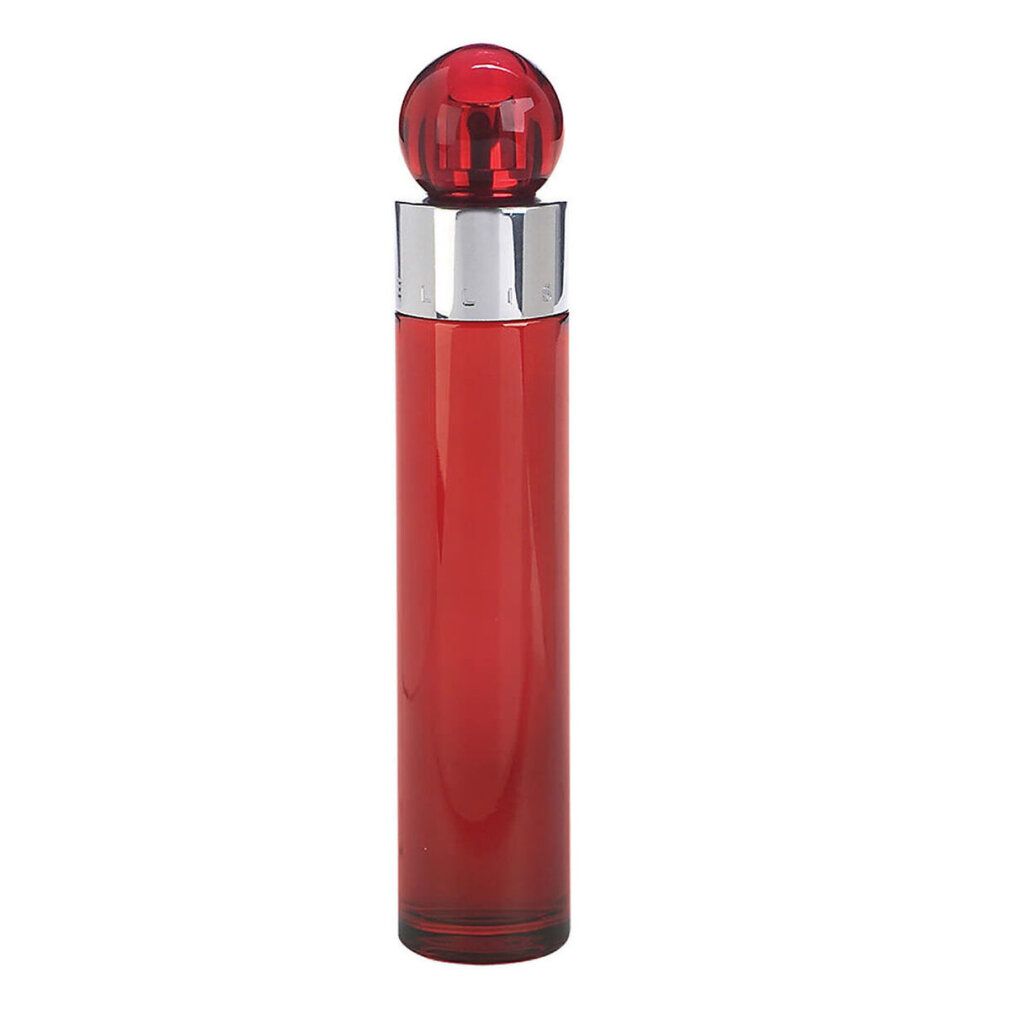 Flacone di profumo rosso con collo argentato e tappo sferico rosso. Forma cilindrica.