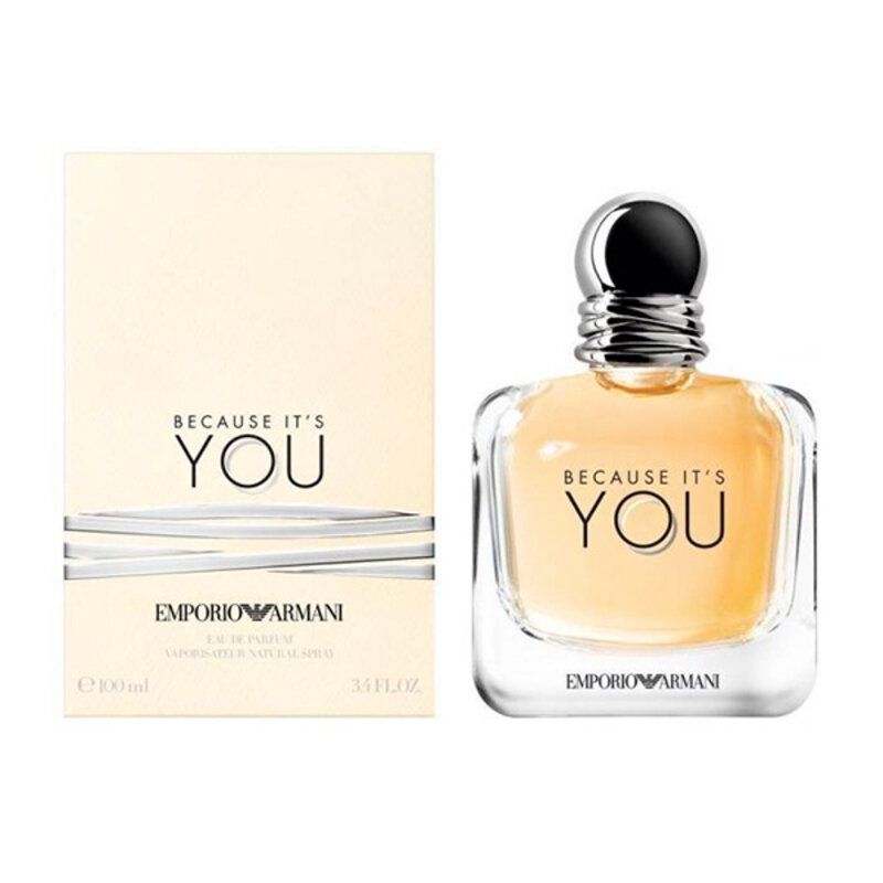 Flacone di profumo e confezione. Scritta: BECAUSE IT'S YOU, EMPORIO ARMANI. Flacone con tappo argentato.