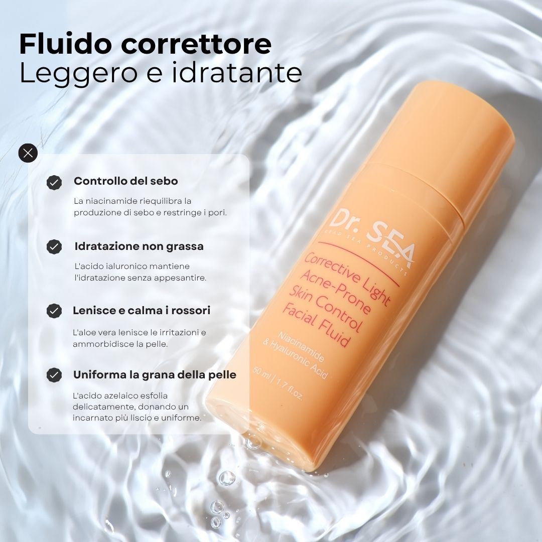 Flacone beige in acqua. Scritta: Dr. SEA, Corrective Light, Acne-Prone Skin Control Facial Fluid. Testo sulle proprietà.