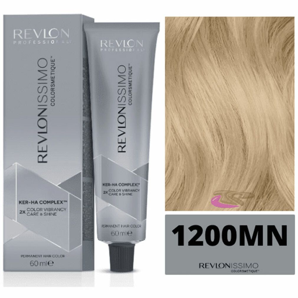 Colorazione Revlonissimo Colorsmetique Intense Blonde 1200MN. Tubo e scatola. Ker-HA Complex. Colore permanente. 60 ml. Ciocca di capelli.