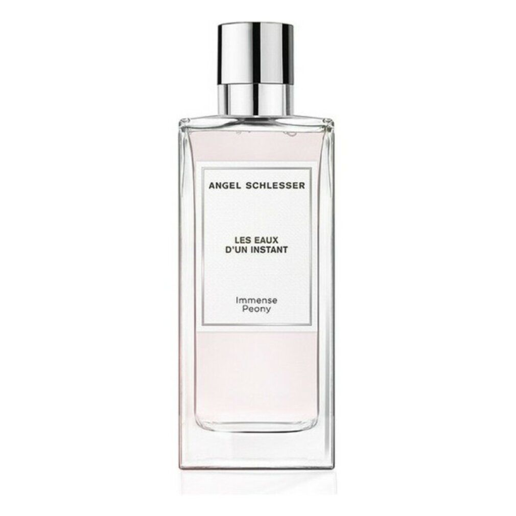 Flacone rettangolare con tappo argentato. Etichetta: Angel Schlesser, Les Eaux d'Un Instant, Inmense Peony.