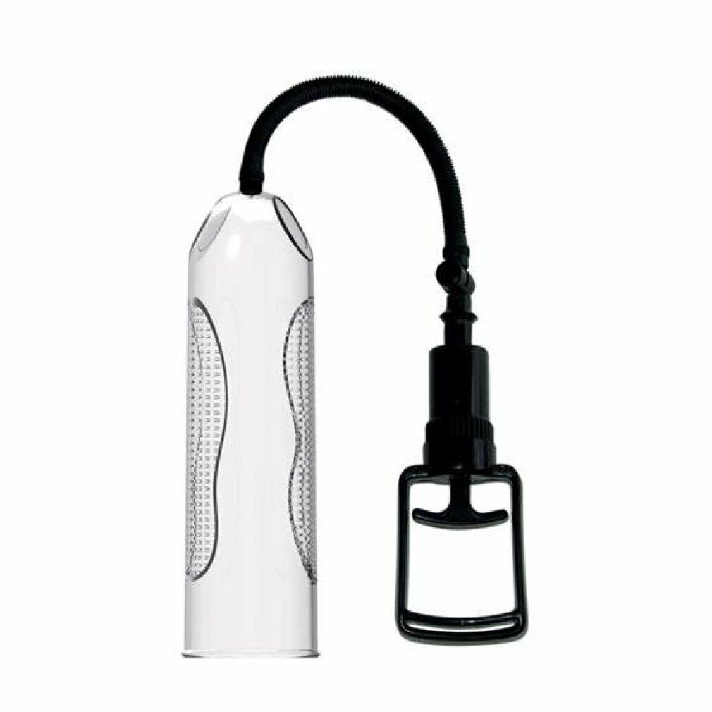 Cilindro trasparente con tubo e pompa neri. Pompa nera con manico.