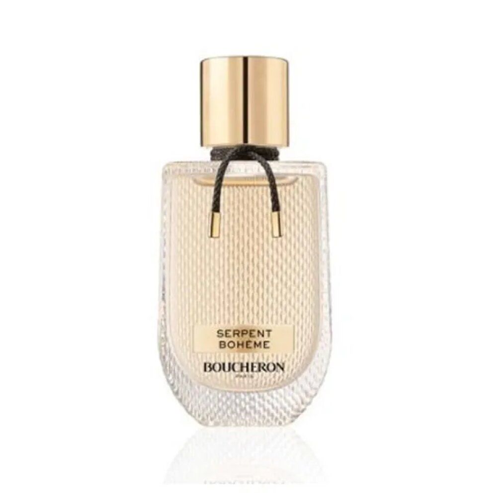 Flacone di profumo con tappo dorato e cordino nero. Scritta: SERPENT BOHÈME, BOUCHERON PARIS.