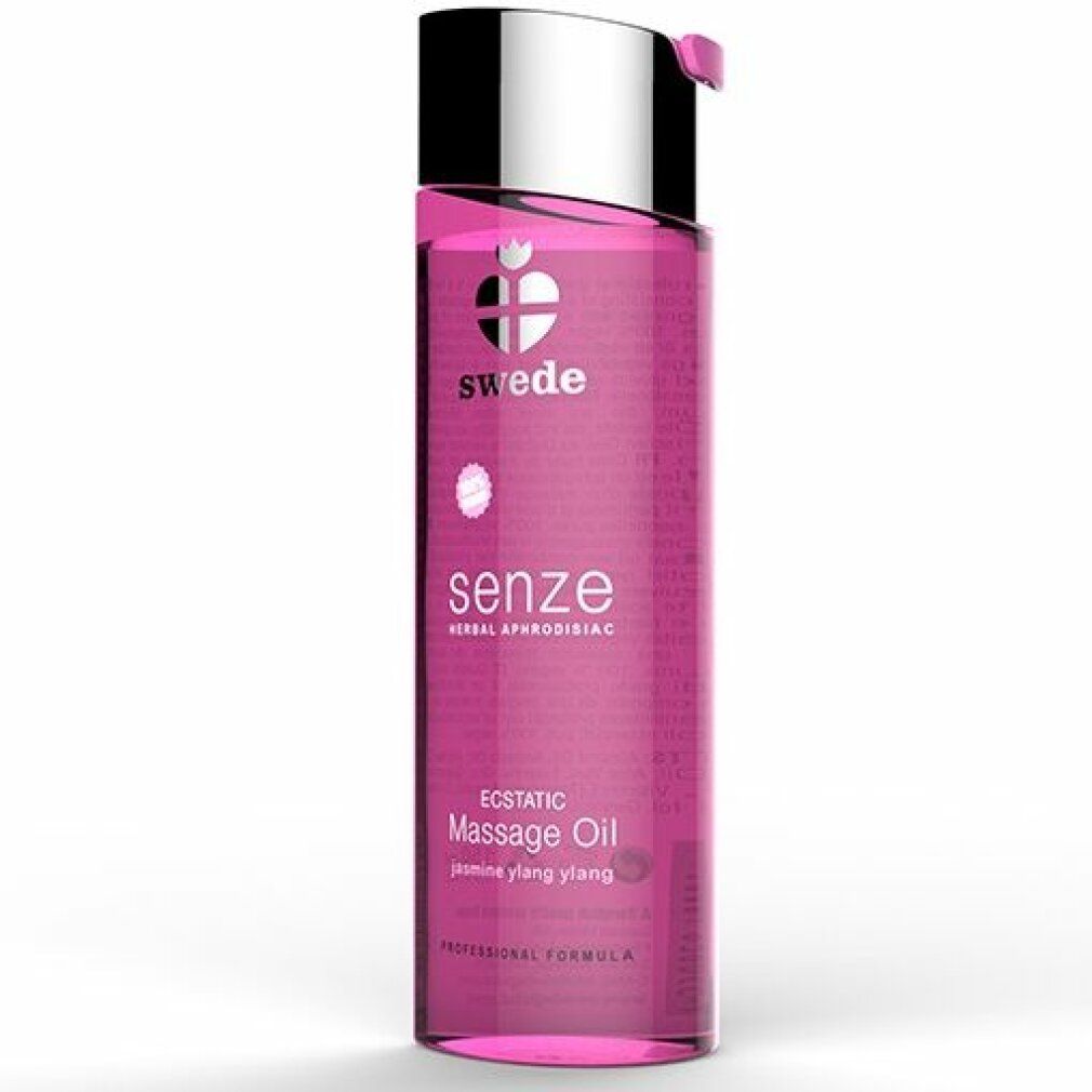 Flacone rosa con tappo argentato. Scritte: swede, senze, Massage Oil. Contiene gelsomino, ylang-ylang e neroli.