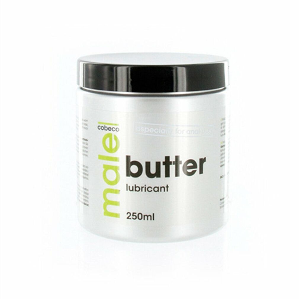 Barattolo cilindrico con coperchio nero. Scritta: "male butter lubricant". Marchio: cobeco. Colore: argento.