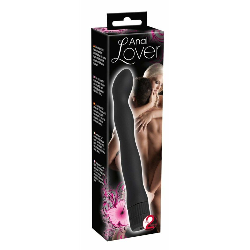 Confezione con vibratore nero ondulato. Scritta 'Anal Lover'. Illustrazione di una coppia.