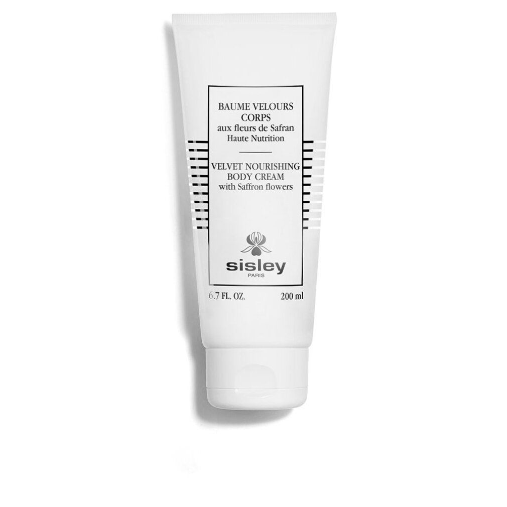Tubo bianco con testo nero. Testo: Baume Velours Corps, Velvet Nourishing Body Cream. Marchio: Sisley. Volume: 200 ml.