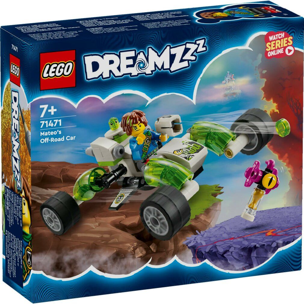 LEGO DREAMZzz 71471. Auto fuoristrada con confezione. Veicolo verde e bianco, ruote nere. Confezione con logo e testo.