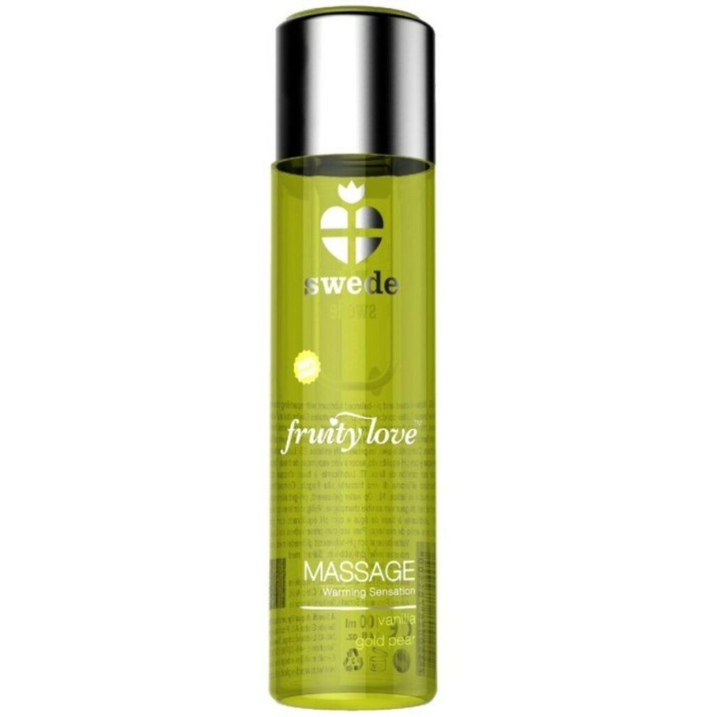 Flacone verde con tappo argentato. Scritta: Swede, Fruity Love, Massage.