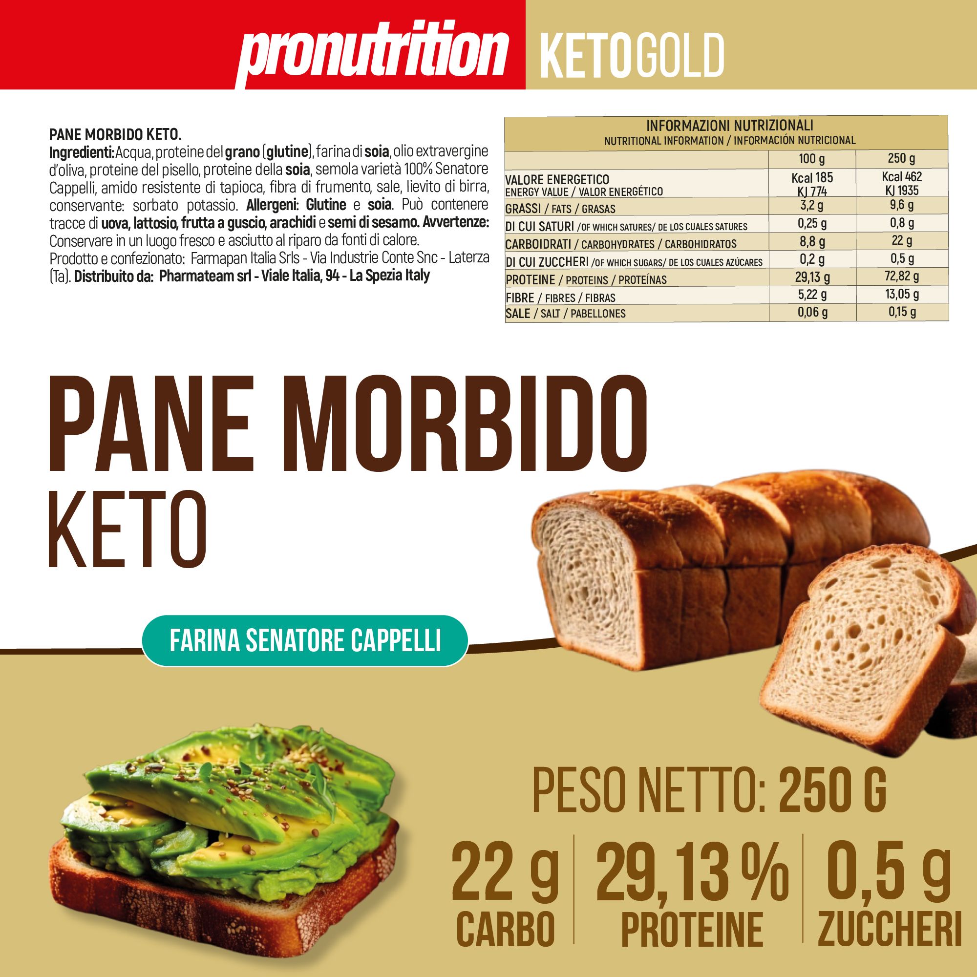 Confezione di pane Keto con informazioni nutrizionali. Scritta: Pane Morbido Keto. Scritta: Farina Senatore Cappelli.