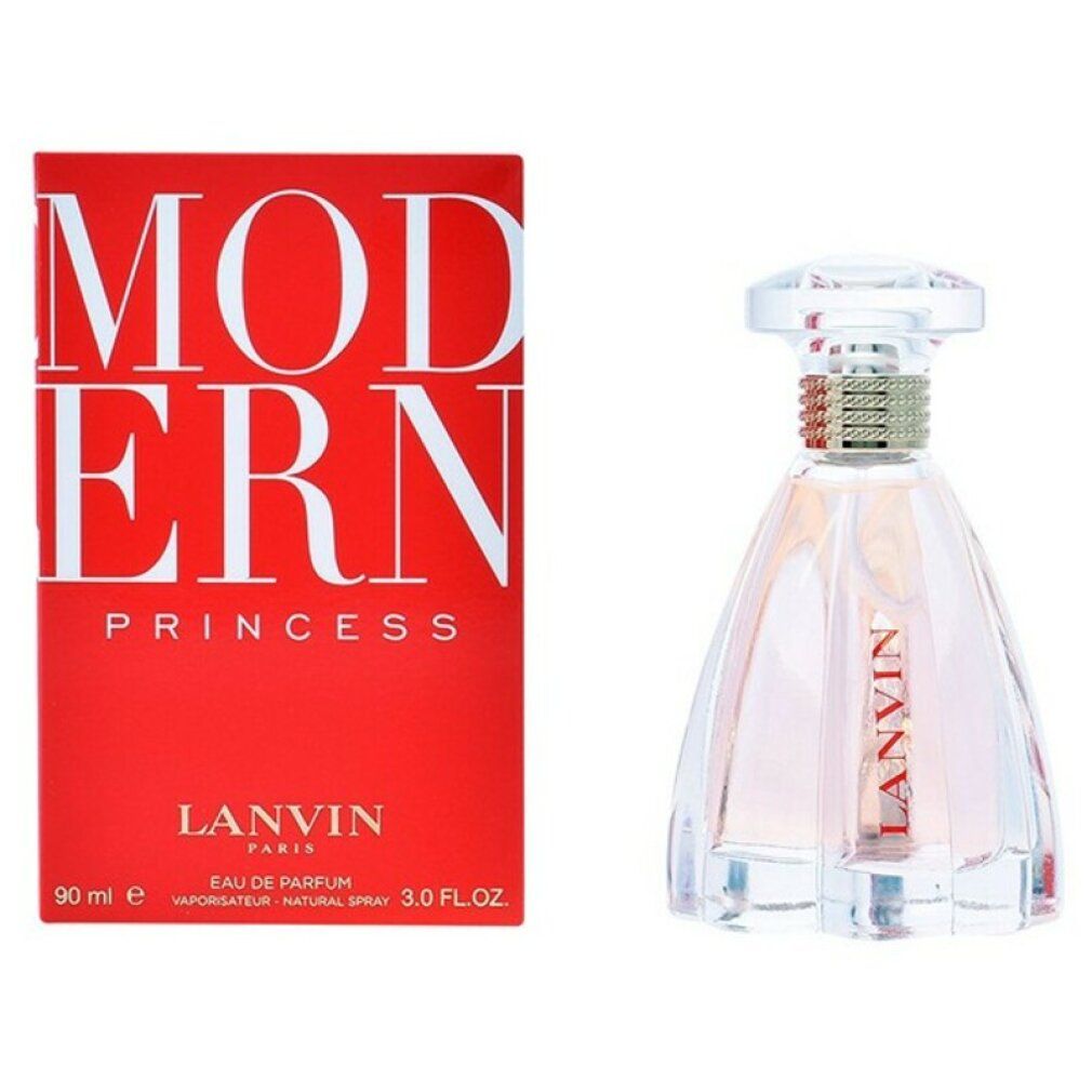 Scatola rossa e flacone. La scatola indica "MODERN PRINCESS" e "LANVIN". Flacone con tappo trasparente.
