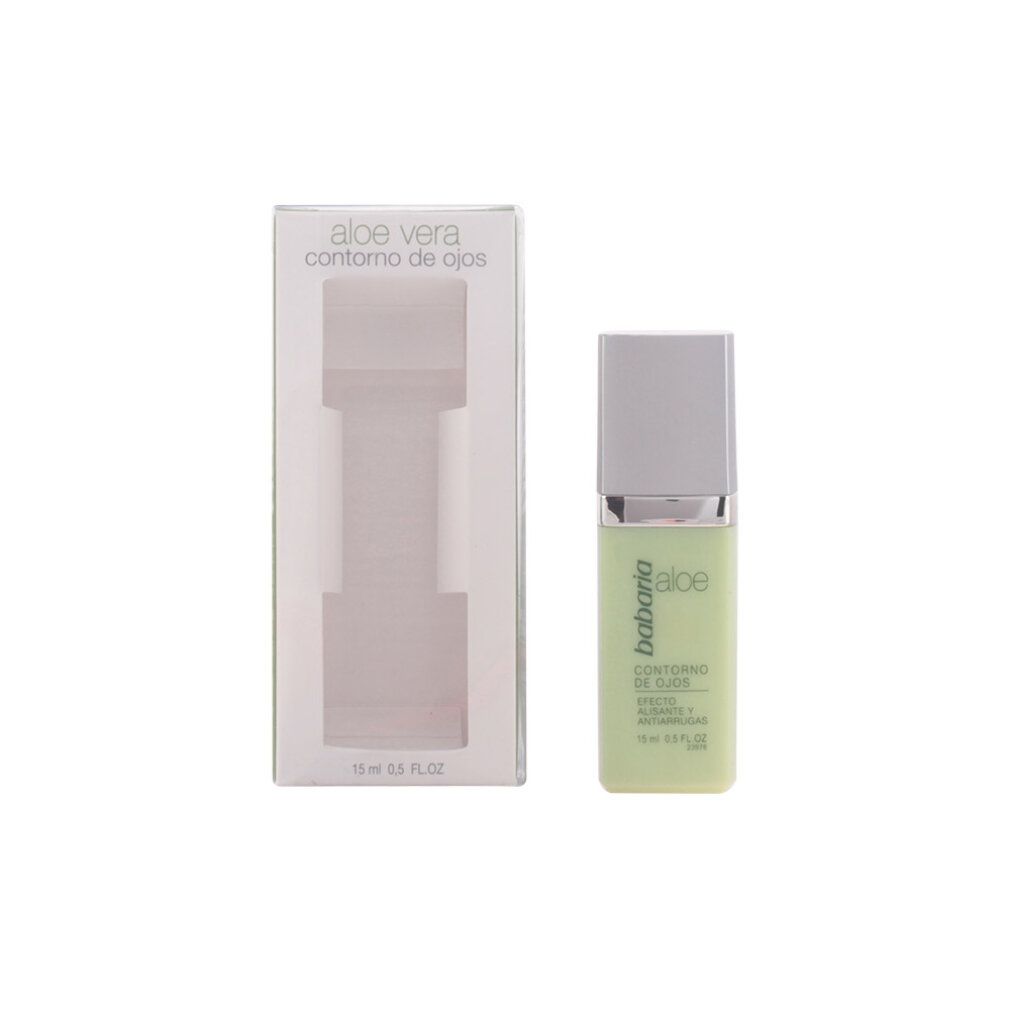 Crema contorno occhi Babaria con aloe vera, flacone verde chiaro con tappo argentato, in scatola.