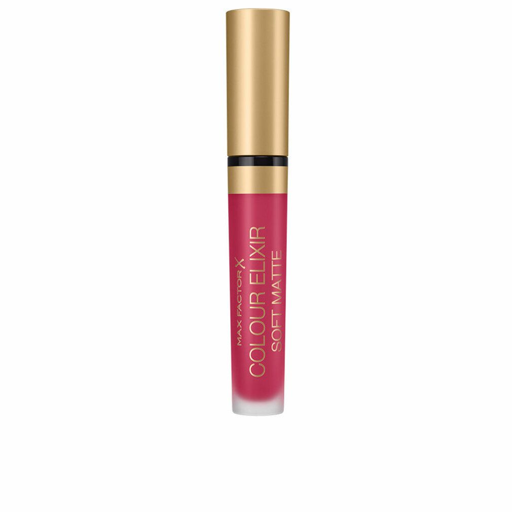 Rossetto rosa con tappo dorato. Scritta: Max Factor Colour Elixir Soft Matte. Tubo trasparente.