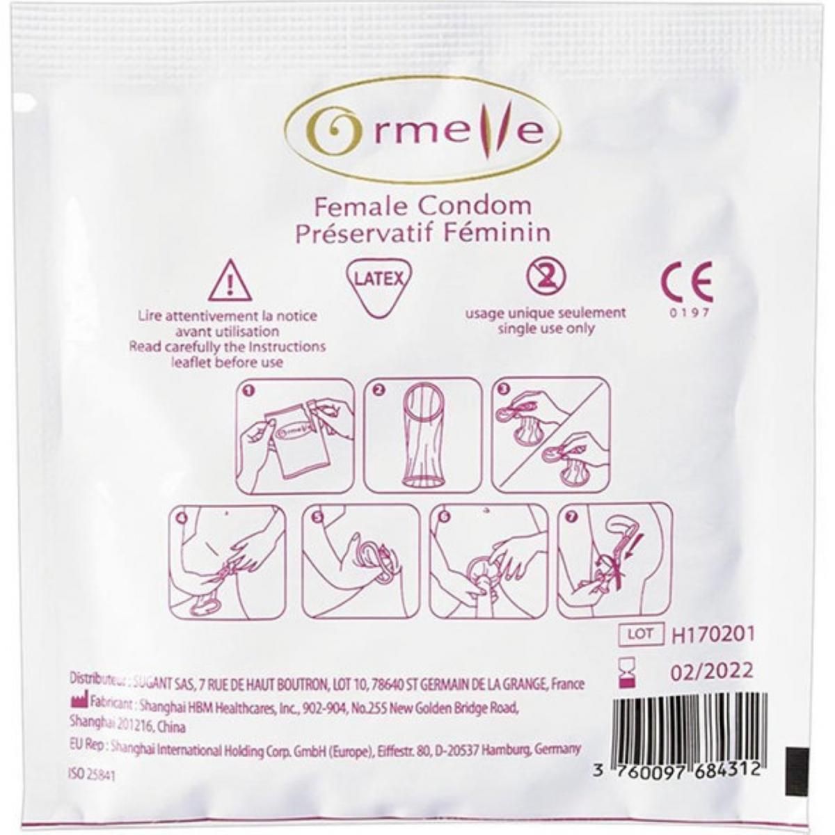 Confezione singola di preservativo femminile Ormelle in lattice con istruzioni.