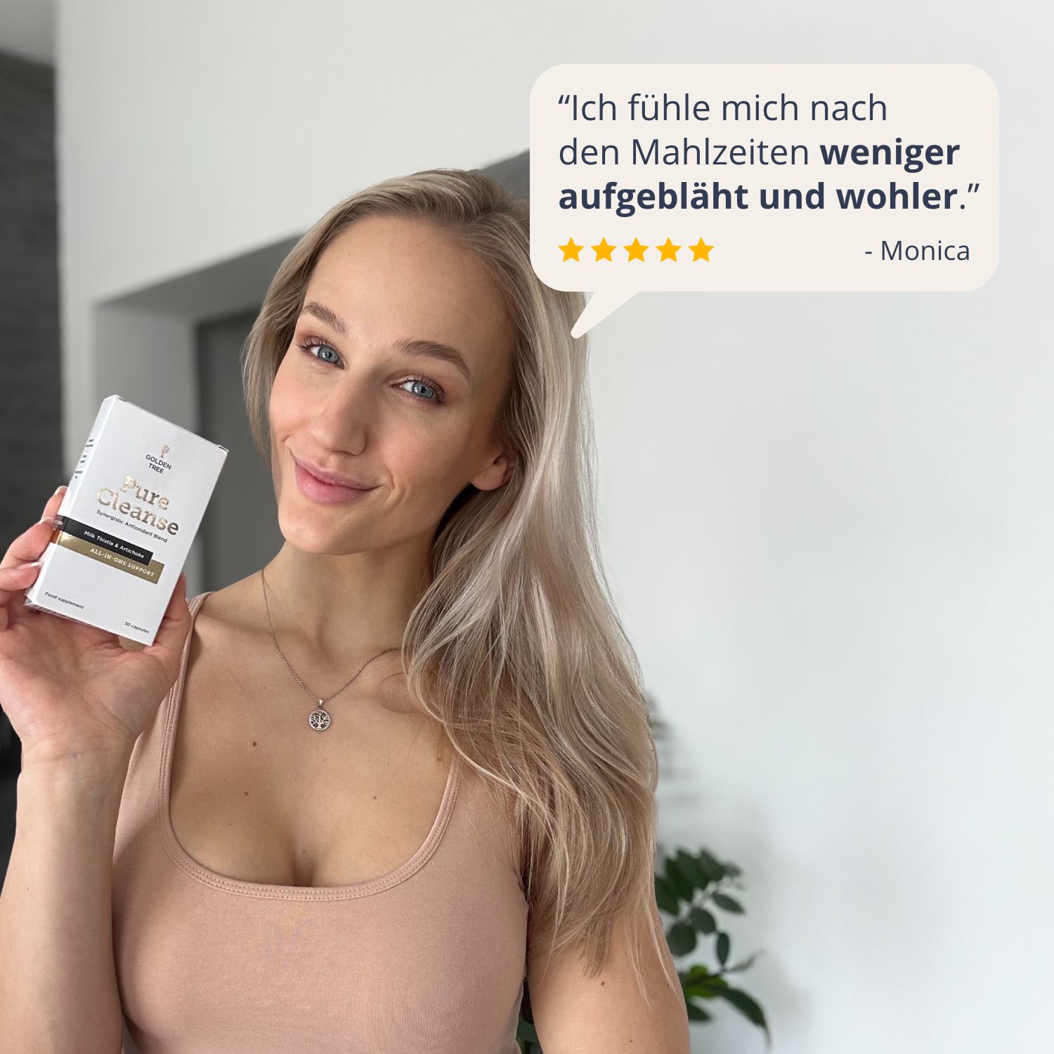 Donna con confezione Golden Tree Pure Cleanse, citazione sul benessere dopo i pasti.