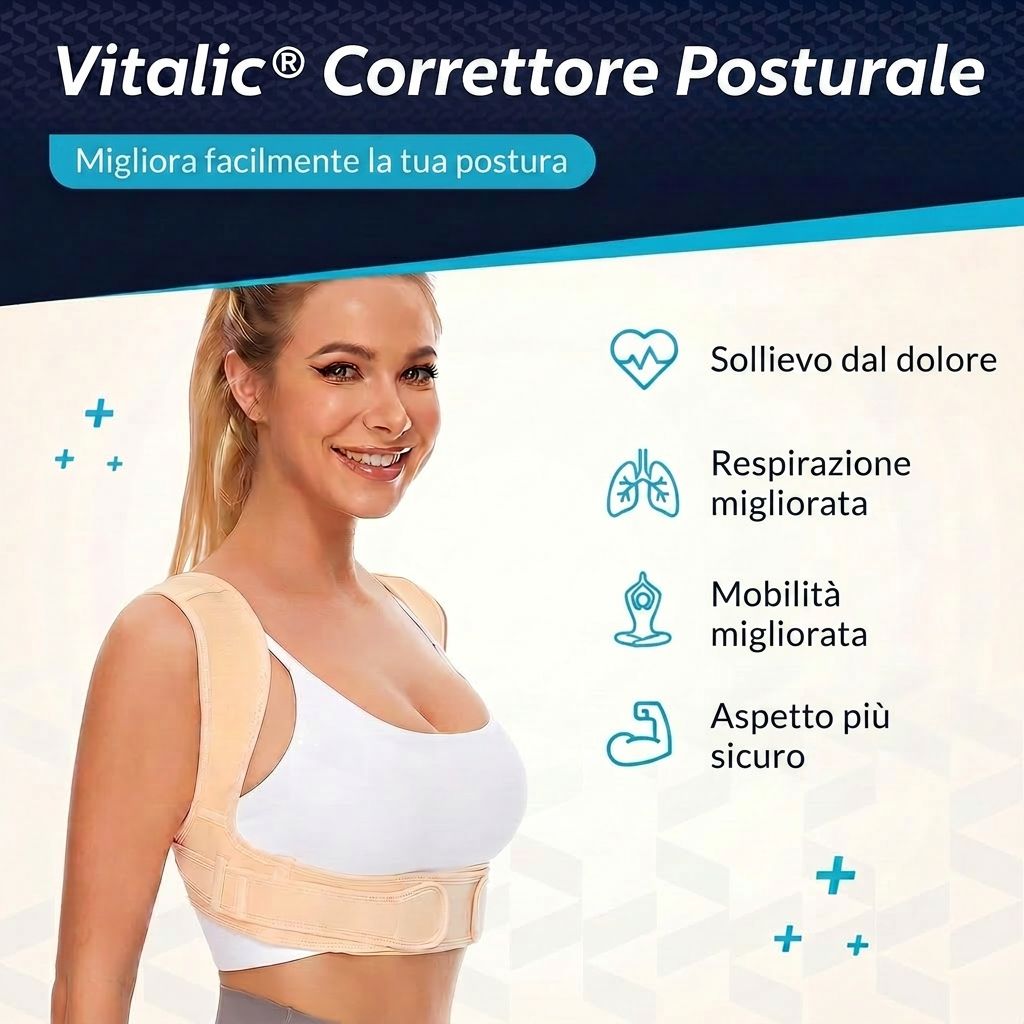 Correttore posturale beige con spallacci. Donna che indossa il correttore. Testo: VITALIC Corrector Posturale.
