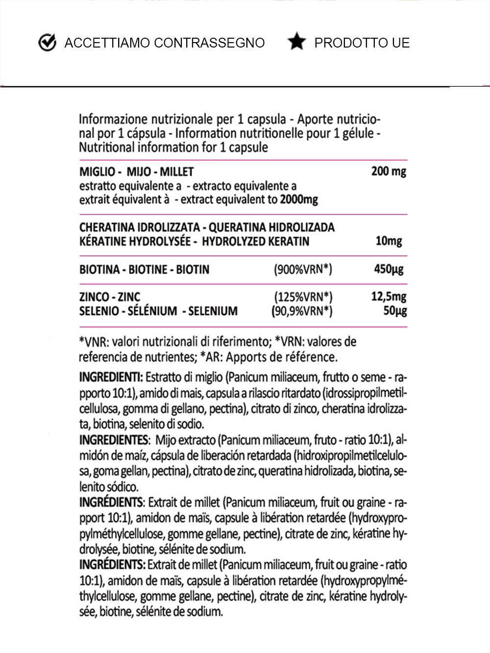 Informazioni nutrizionali per 1 capsula. Ingredienti: estratto di miglio, cheratina idrolizzata, biotina, zinco, selenio. Testo multilingue.