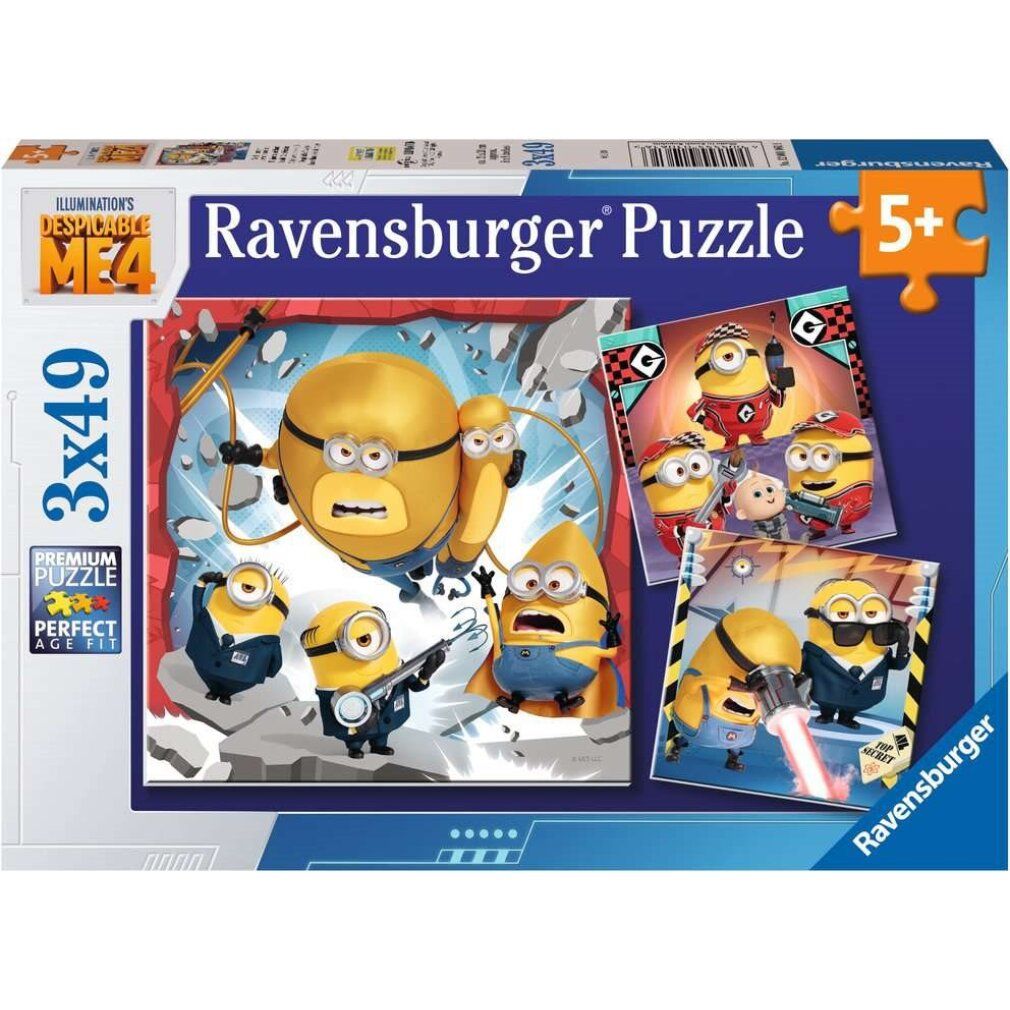Scatola puzzle con i Minions. Contiene 3 puzzle da 49 pezzi ciascuno. Logo Ravensburger e raccomandazione d'età 5+.