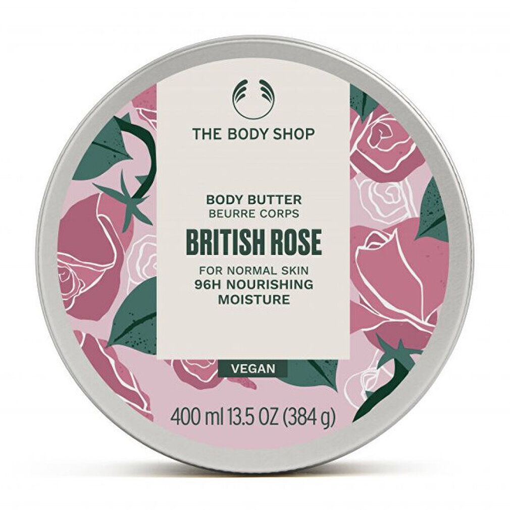 Barattolo rotondo con motivo floreale e informazioni sul prodotto. Scritta: British Rose Body Butter, vegano, 400 ml.