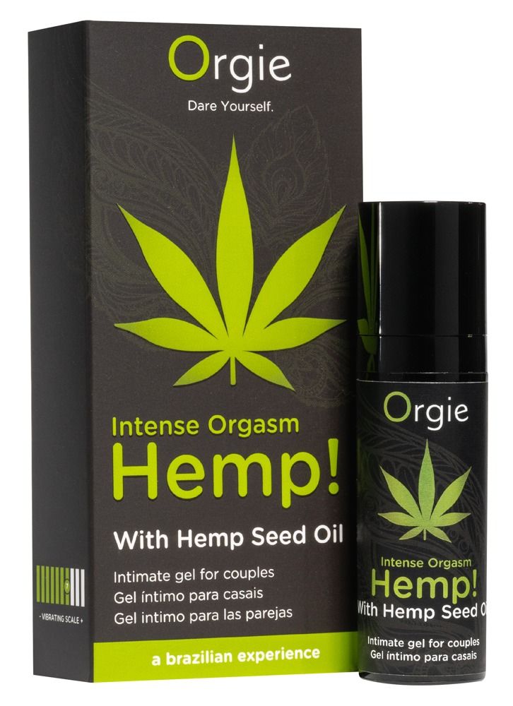 Flacone e confezione neri con foglia di cannabis verde e testo: Intense Orgasm Hemp! Gel intimo per coppie. Marchio: Orgie.