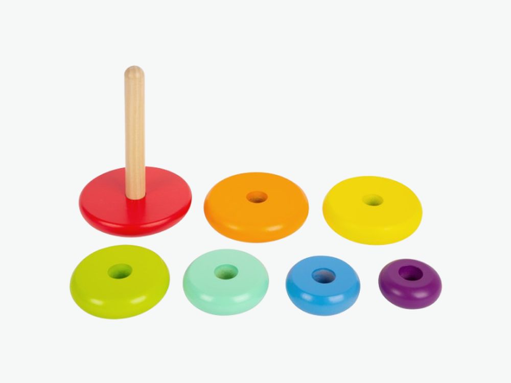Torre impilabile con asta in legno e 6 anelli colorati. Colori: rosso, arancione, giallo, verde, turchese, viola. Anelli separati.
