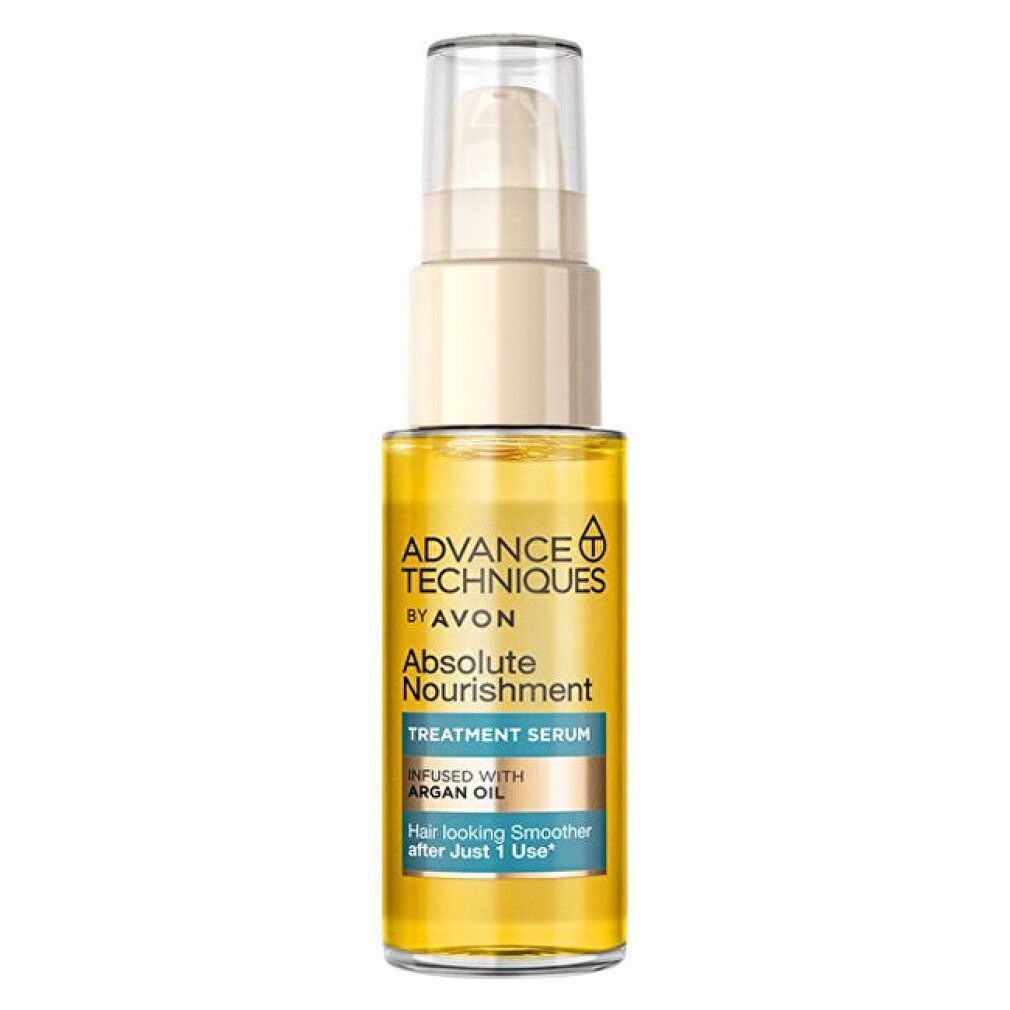 Flacone di vetro trasparente con tappo e pompa dorati. Testo: "Advance Techniques by Avon", "Absolute Nourishment Treatment Serum".