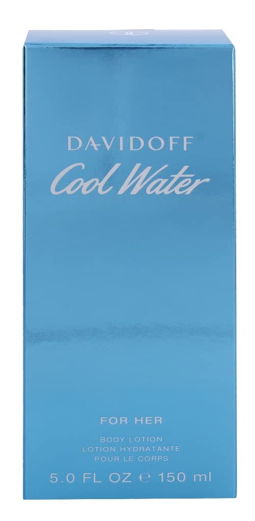 Scatola azzurra. Scritta Davidoff Cool Water. Testo: For Her, Body Lotion, 5.0 FL OZ e 150 ml.