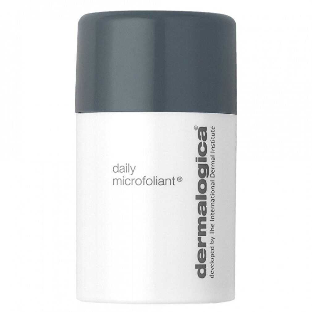 Flacone cilindrico bianco con tappo grigio. Scritta "daily microfoliant" e "dermalogica".