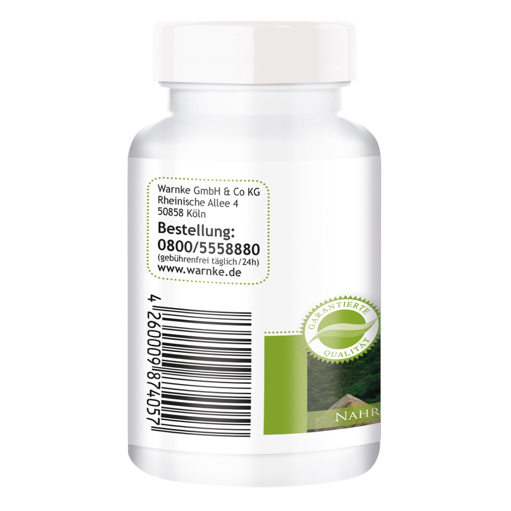 Retro di un flacone bianco di capsule. Codice a barre e indirizzo. Marchio di qualità e striscia verde.
