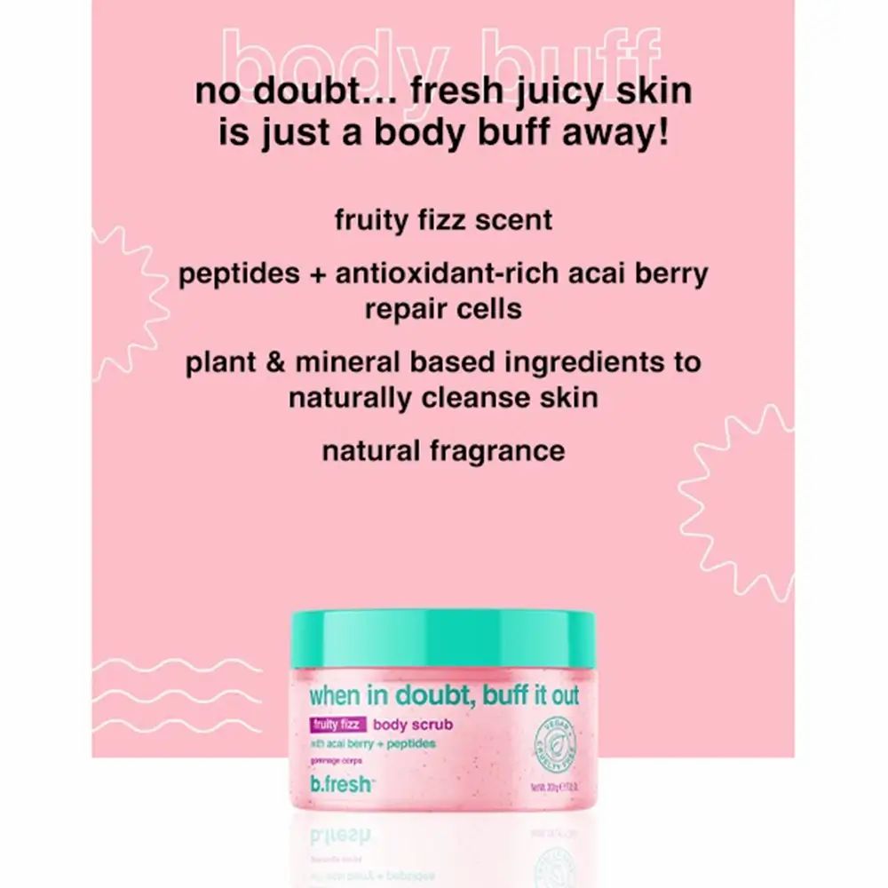 Confezione prodotto con testo: When in doubt, buff it out. Scrub rosa, coperchio verde. Testo: fruity fizz, acai berry + peptides. Vegano.