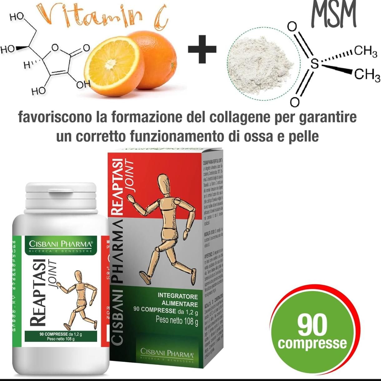 Integratore Cisbani Pharma Reaptasi JOINT. Flacone bianco e scatola. Illustrazione di vitamina C, arancia e MSM.