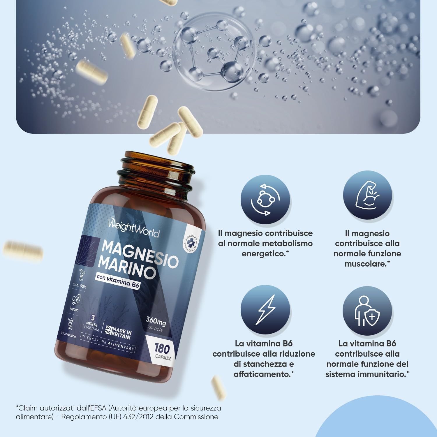 Flacone di Magnesium Marino con capsule. Testo: Il magnesio contribuisce al metabolismo energetico. 180 capsule.