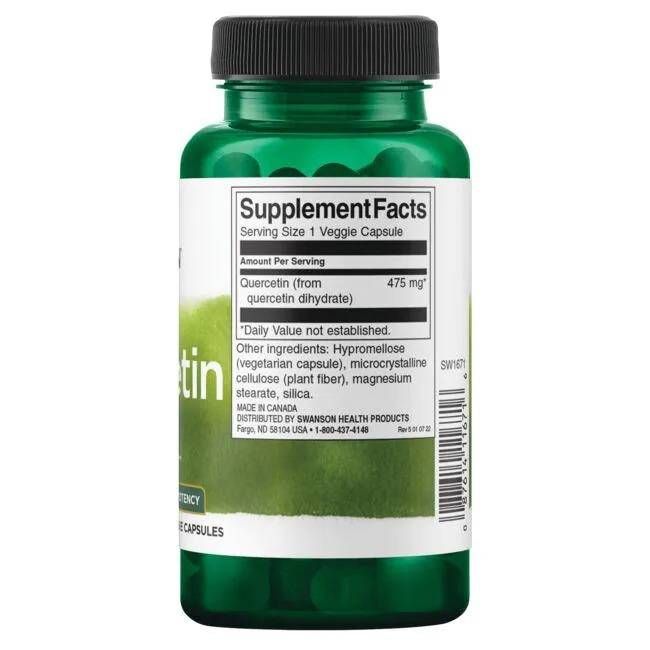 Retro di flacone verde. Etichetta con informazioni nutrizionali. Contiene quercetina (da quercetina diidrato) 475 mg.