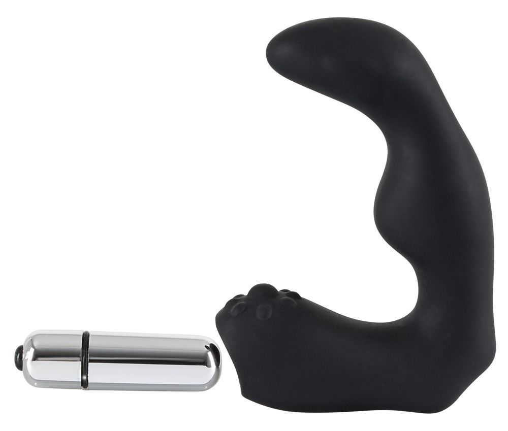 Vibratore prostatico nero, forma curva, area strutturata. Vibro-uovo separato. Superficie liscia.