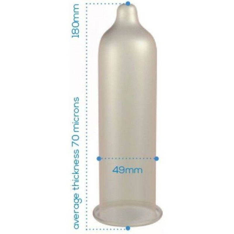 Un singolo preservativo Pasante Trim con dimensioni: 180mm lunghezza, 49mm larghezza, 70 micron spessore.