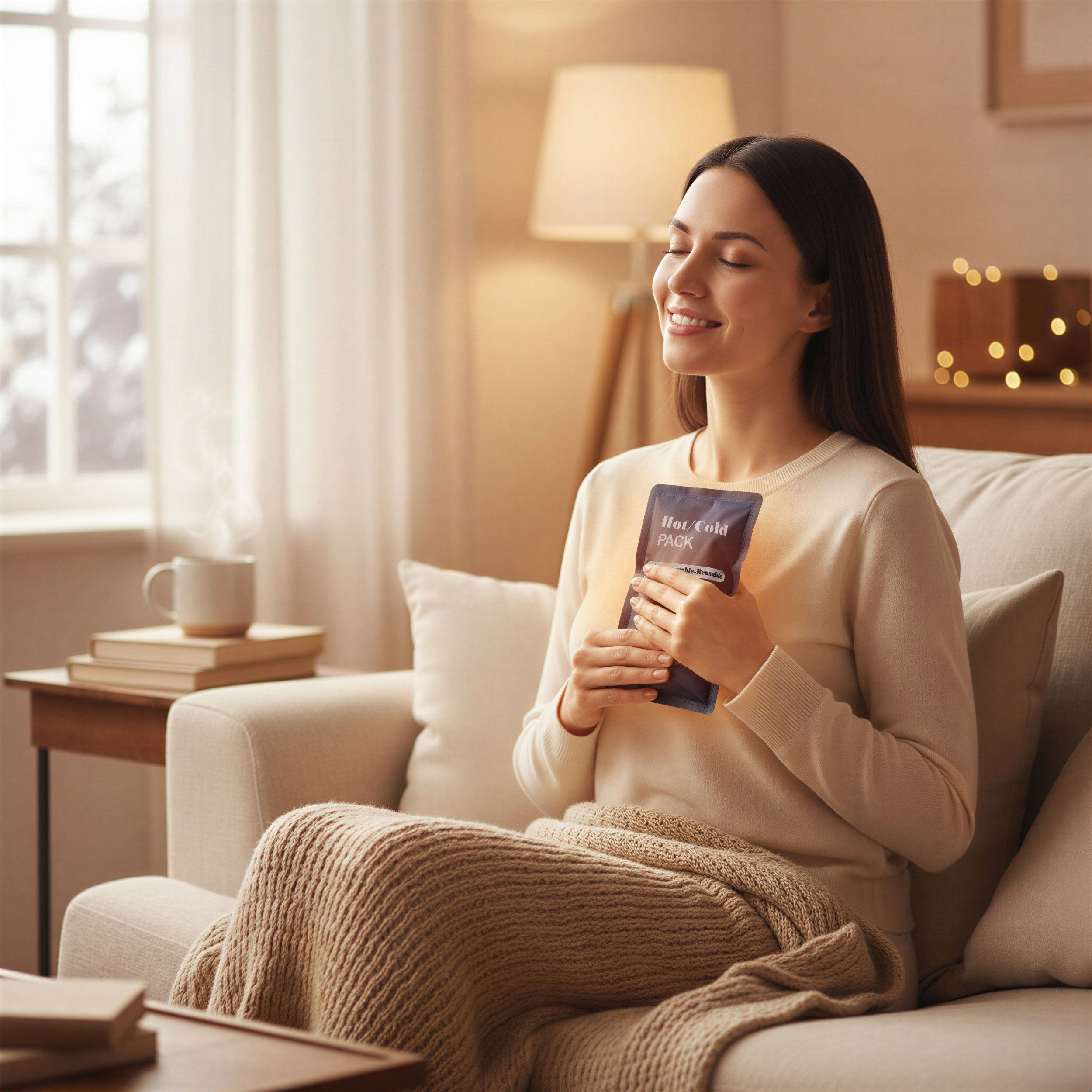Donna tiene impacco blu scuro davanti al petto. Scritto "Hot/Cold Pack". Sfondo: divano, coperta, tazza.