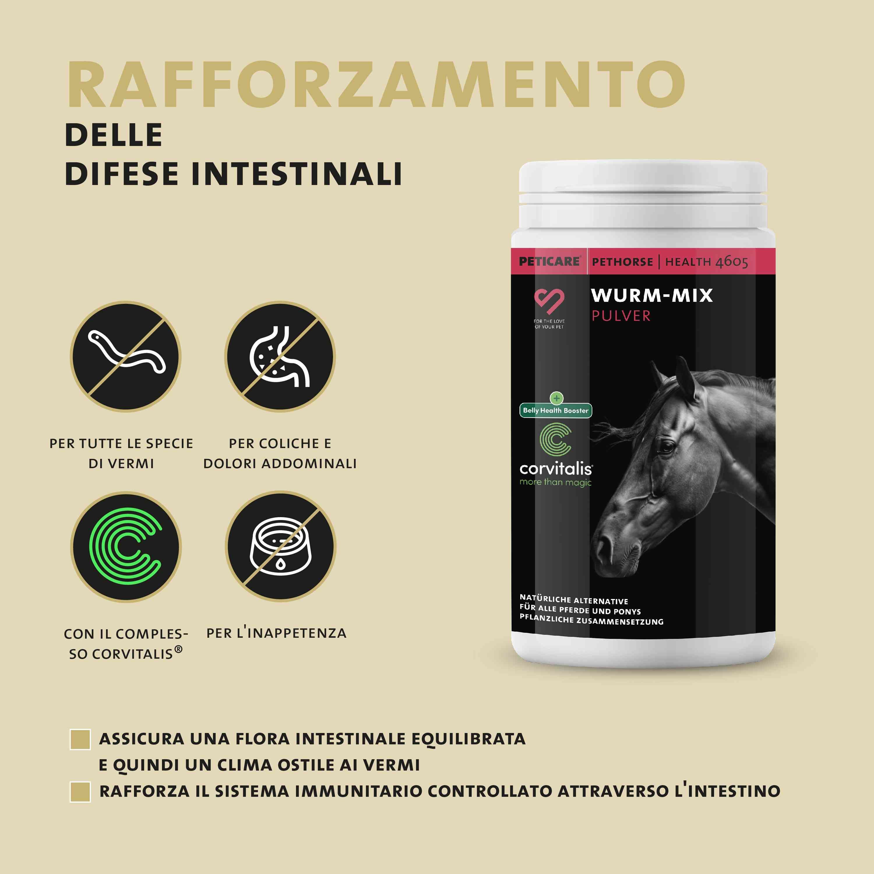 Peticare Wurm-Mix polvere: rafforza la difesa intestinale, complesso Corvitalis.