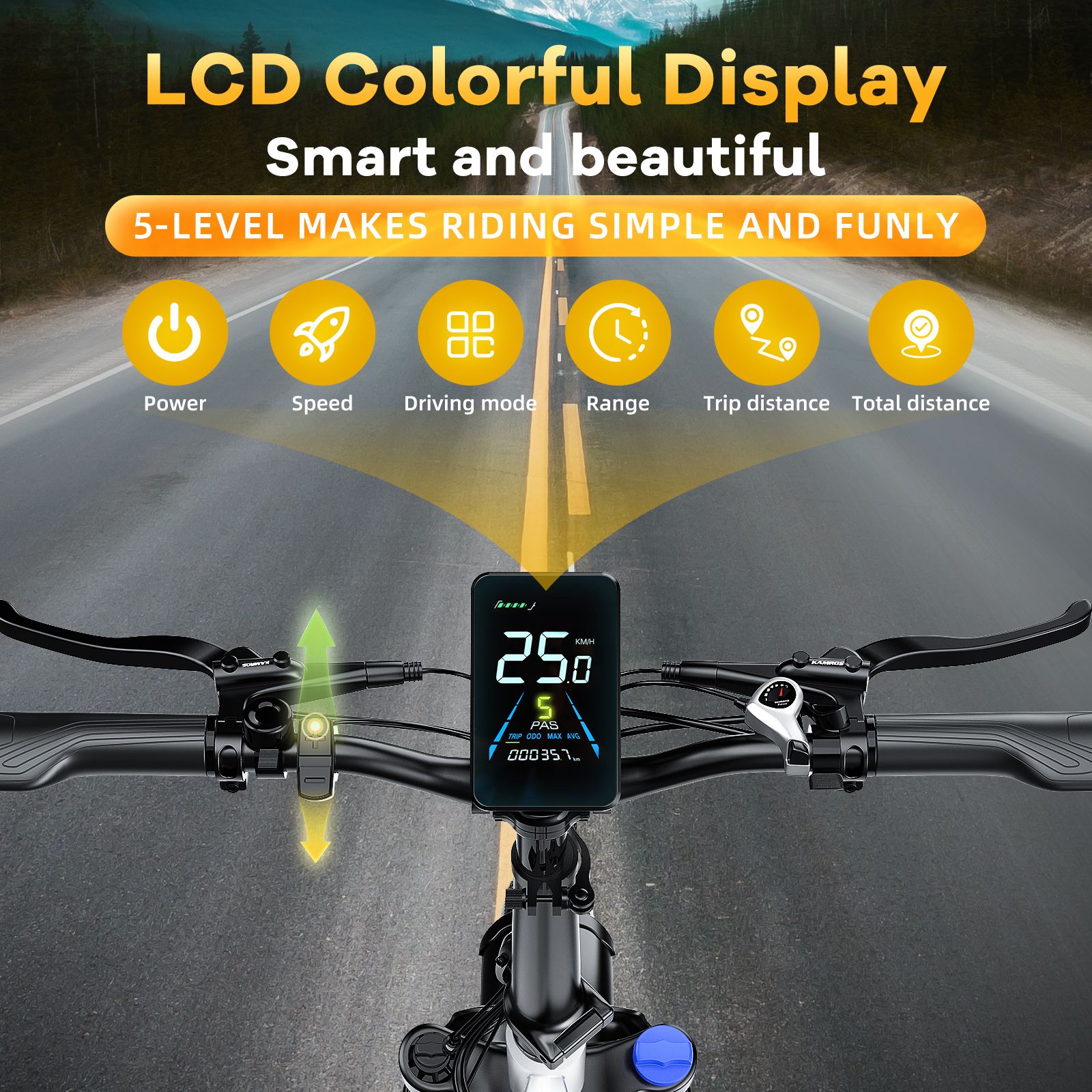 Manubrio della bici con display LCD. Mostra velocità, modalità di guida, autonomia, distanza percorsa e distanza totale. Icone.